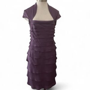 Adrianna Papell Dress Size 8 Purple Sheath Tiered Cap Sleeves Party Formal Lined